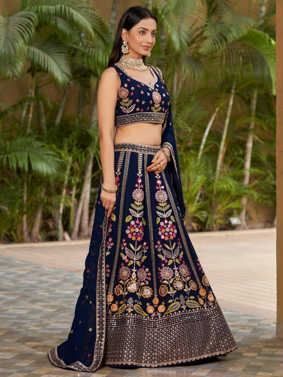 Olive Embroidered Georgette Blue Party wear lehenga choli at wholesale prices